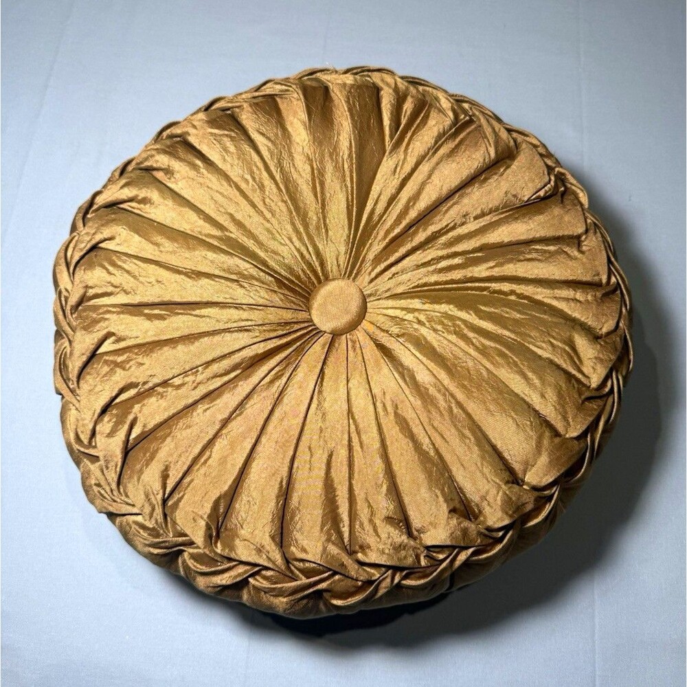 Round Pleated Satin Decorative Throw Pillow Solid Gold Textured 16 in